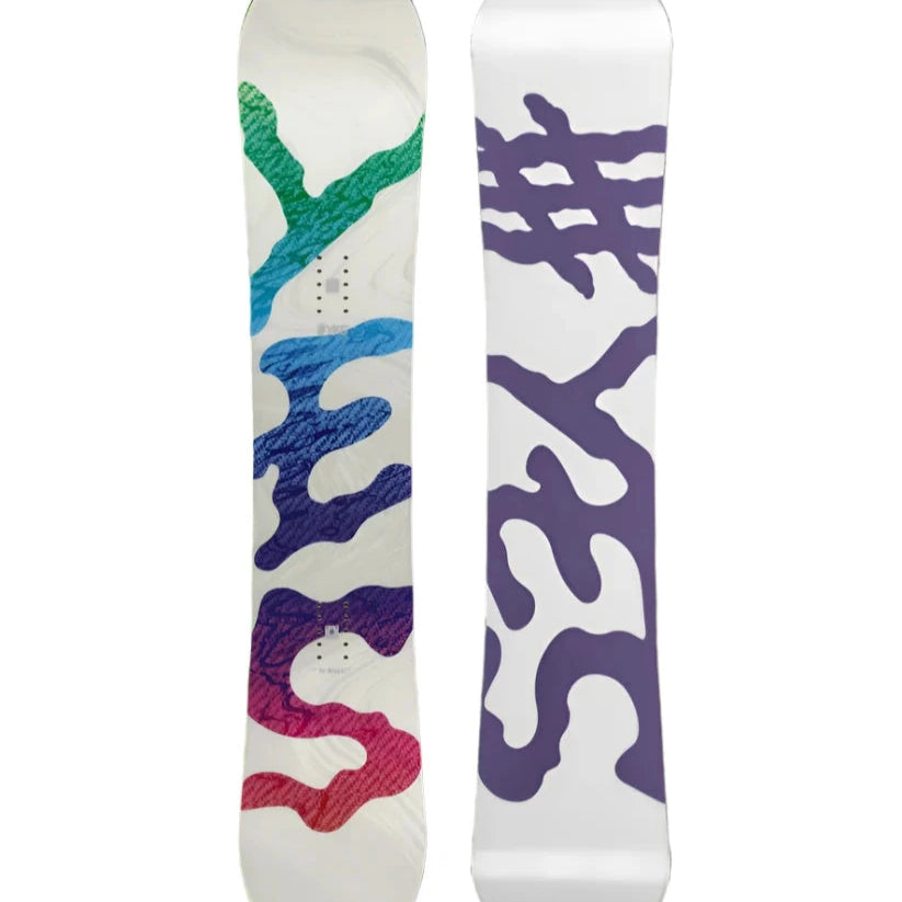 The Yes brand Women's Basic Snowboard 2025 has a white base with purple squiggly designs and letters that match.