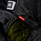 The 686 Gateway Shell Jacket has a black color with a red tag and an insulated hood visible in the front view.