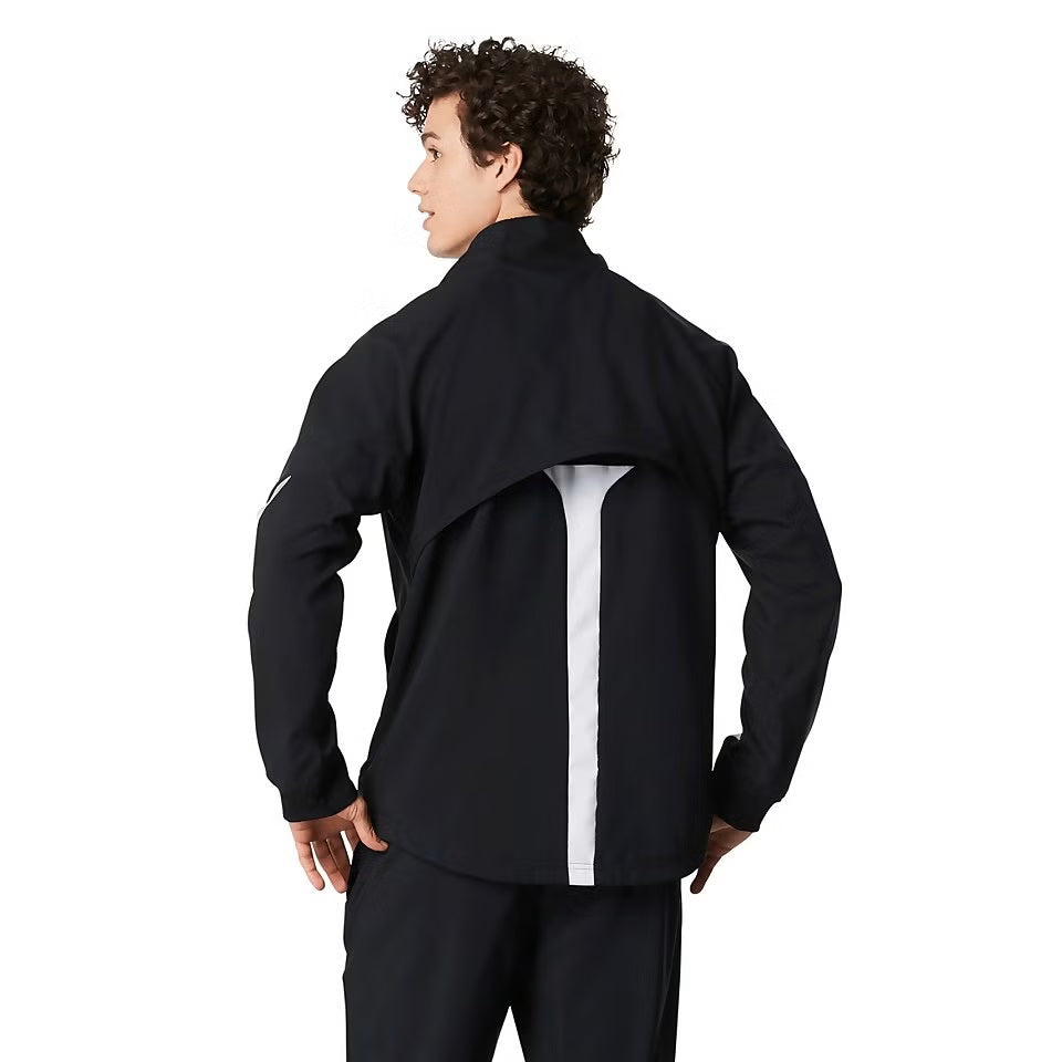 Speedo Men's Edge Warm Up Jacket - A black jacket with a white logo on the left chest and a zippered pocket on the right side.