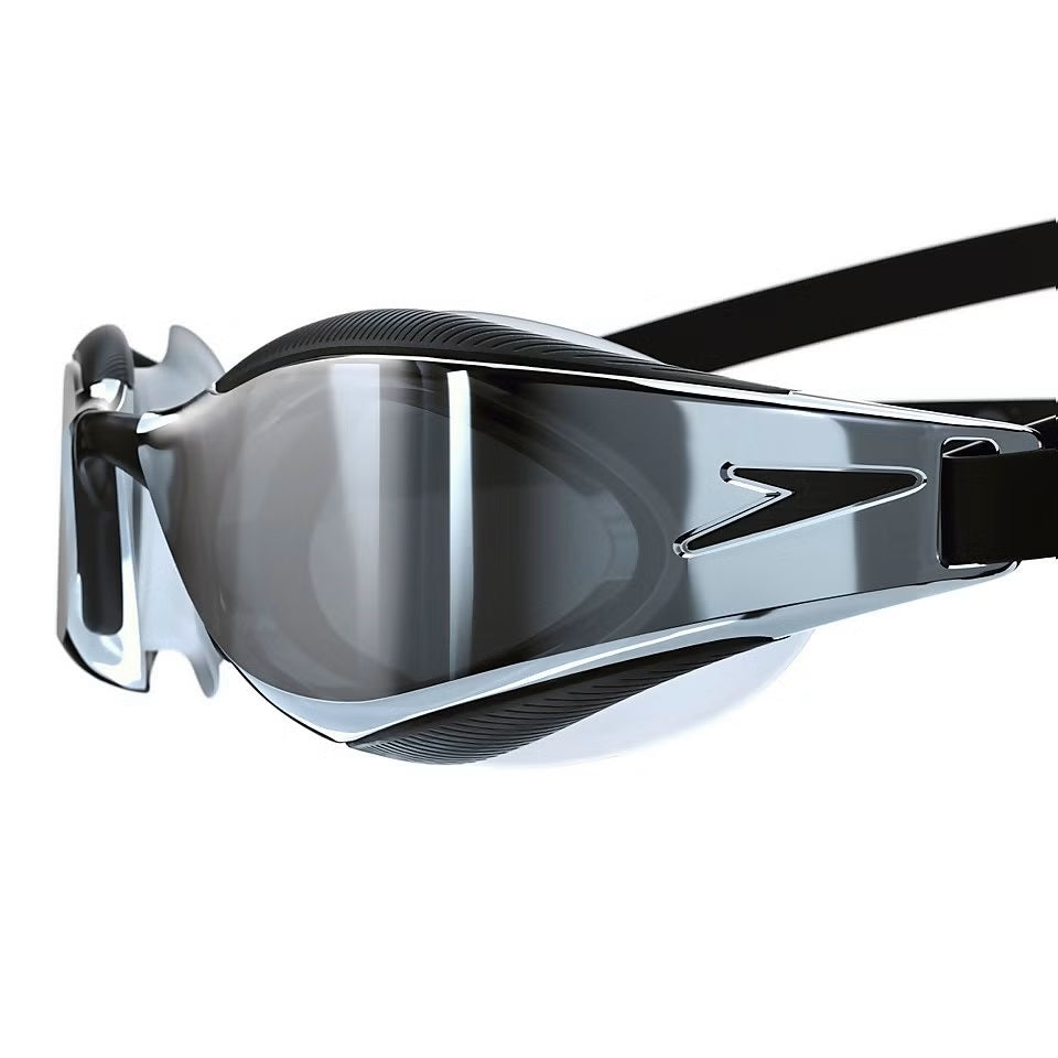Speedo Fastskin Hyper Elite Mirror Goggle - A mirrored lens goggle with a sleek, aerodynamic design and a strap that wraps around the back of the head.