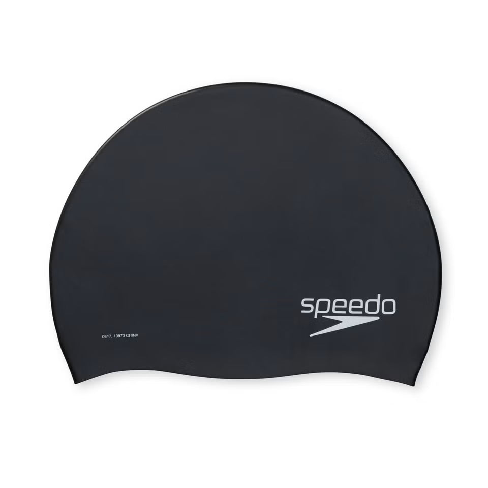 Speedo Solid Silicone Swim Cap - A solid black silicone swim cap with a smooth, matte finish and no visible logos or patterns.