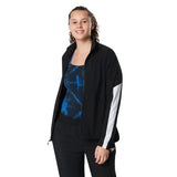 Speedo Women's Edge Warm Up Jacket - A black jacket with a blue logo on the left chest and two zippered pockets on either side.