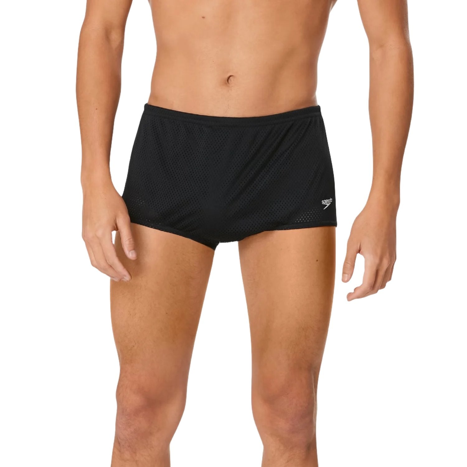 Speedo Men's Poly Mesh Training Drag Suit - A black training suit with a mesh pattern and white logo on the left leg.