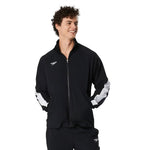 Speedo Men's Edge Warm Up Jacket - A black jacket with a white logo on the left chest and a zipper down the front.