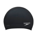 Speedo Silicone Long Hair Swim Cap - A black silicone swim cap with a smooth texture, featuring the brand name "Speedo" in white letters on one side.