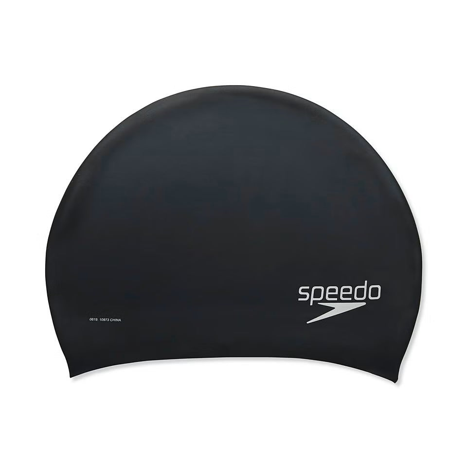 Speedo Silicone Long Hair Swim Cap - A black silicone swim cap with a smooth texture, featuring the brand name "Speedo" in white letters on one side.