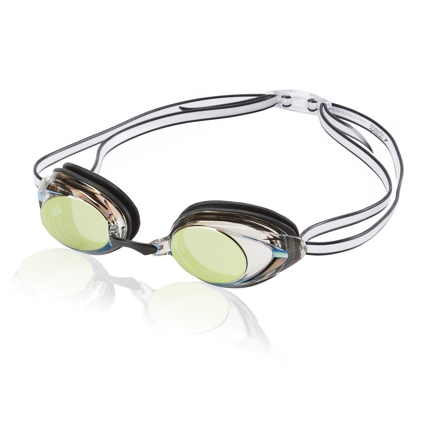Speedo Women's Vanquisher 2.0 Mirrored Swim Goggle - A pair of mirrored swim goggles with a sleek, modern design and a subtle logo on the strap.
