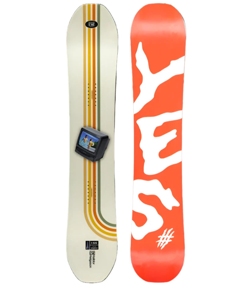 The Yes brand's 2025 model snowboard has an orange base with white lettering and is displayed in a side view.