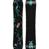 The Yes Fridge Master Xtrm snowboard has a black base with a light blue marble pattern and a graphic of a hand holding a lit match on the top side.