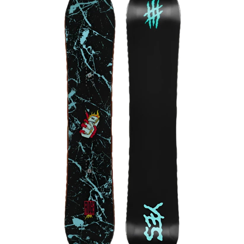 The Yes Fridge Master Xtrm snowboard has a black base with a light blue marble pattern and a graphic of a hand holding a lit match on the top side.