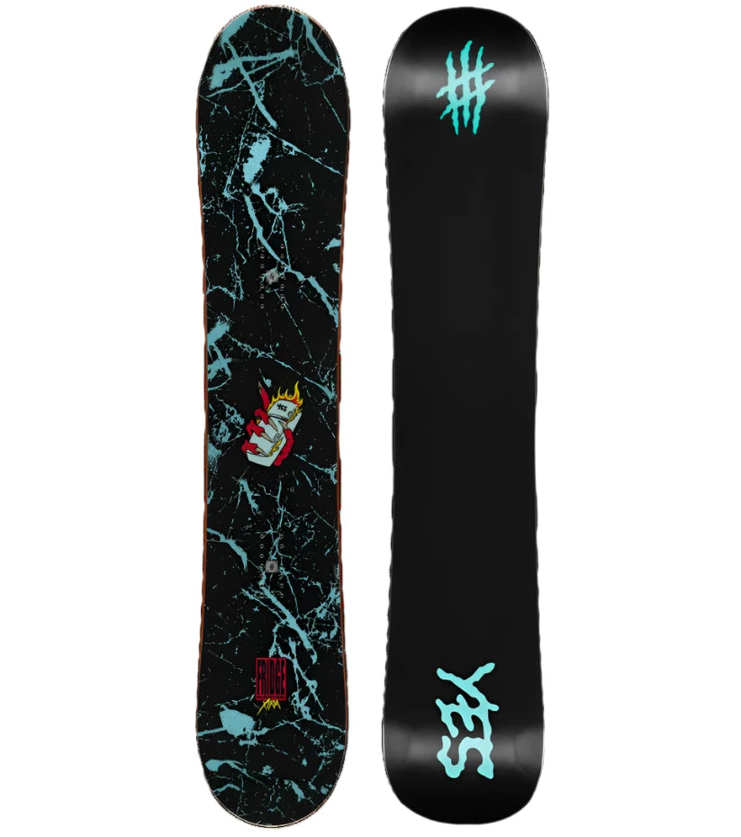 The Yes Fridge Master Xtrm snowboard has a black base with a light blue marble pattern and a graphic of a hand holding a lit match on the top side.