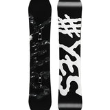 The Yes brand Basic Snowboard 2025 has a black base with white accents and distinctive squiggly lines running down the length.