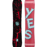 The Yes Airmaster Snowboard 2025 has a black base with red marbled cracks and a white logo in the center.