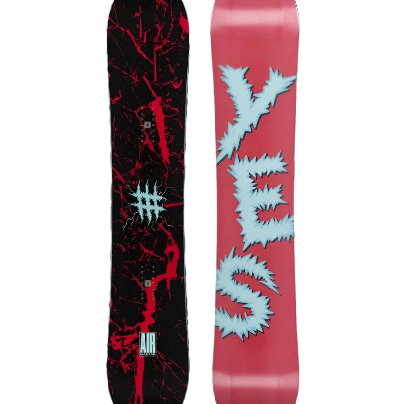 The Yes Airmaster Snowboard 2025 has a black base with red marbled cracks and a white logo in the center.