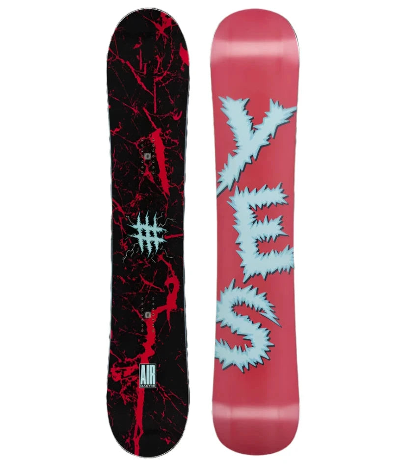The Yes Airmaster Snowboard 2025 has a black base with red marbled cracks and a white logo in the center.