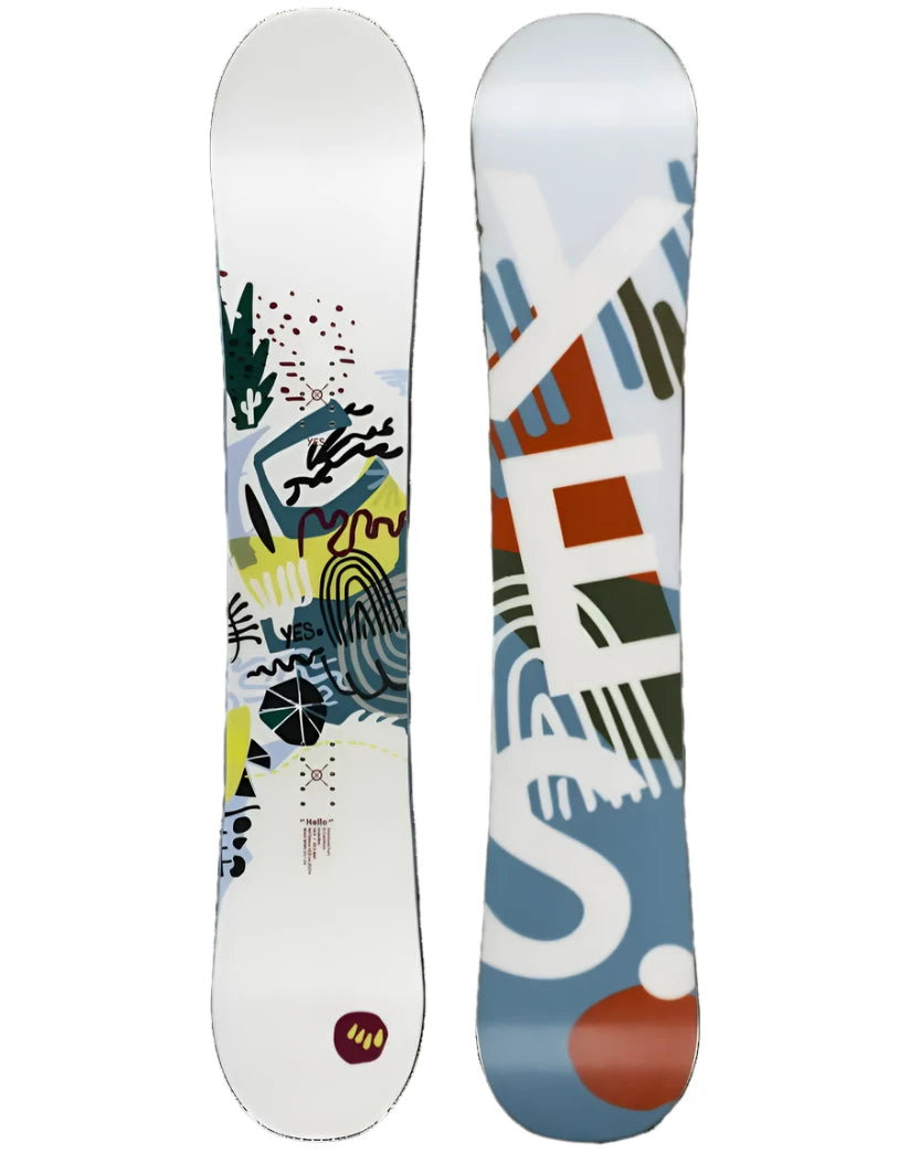 The Yes brand Hello snowboard has a predominantly white base with colorful abstract designs on its front view.