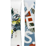 The Yes brand Hello snowboard has a predominantly white base with colorful abstract designs on its front view.