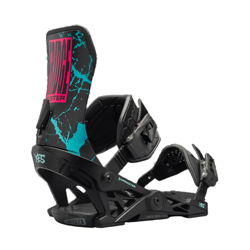 The Yes Airmaster snowboard binding has a black base with blue and pink marbled accents on the straps.