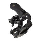Arbor Women's Sequoia Snowboard Bindings 2023 - A black snowboard binding with gold lettering and a sunburst logo on top of the footbed.