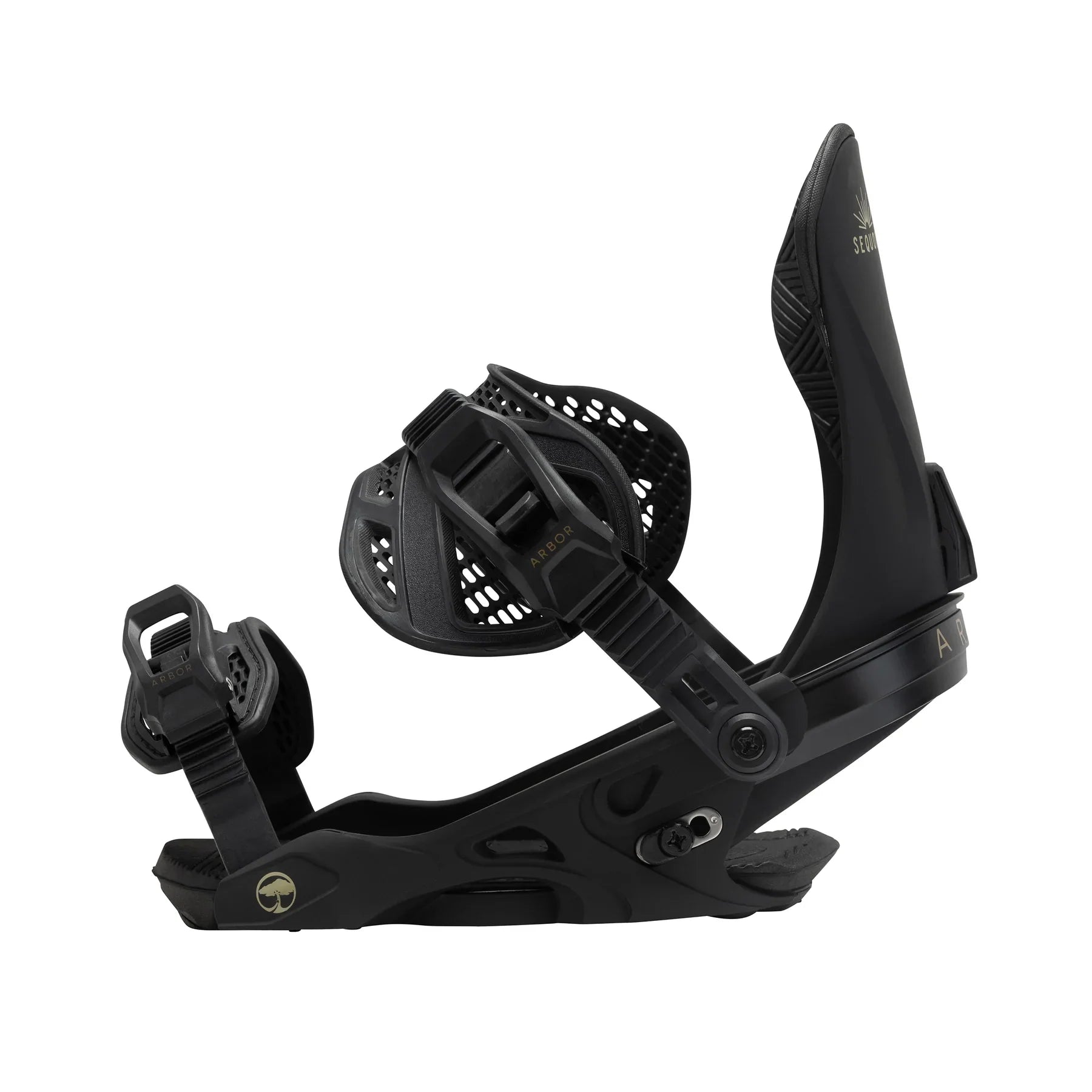 Arbor Women's Sequioa Snowboard Bindings - Black bindings with a distinctive white logo on the highback strap.