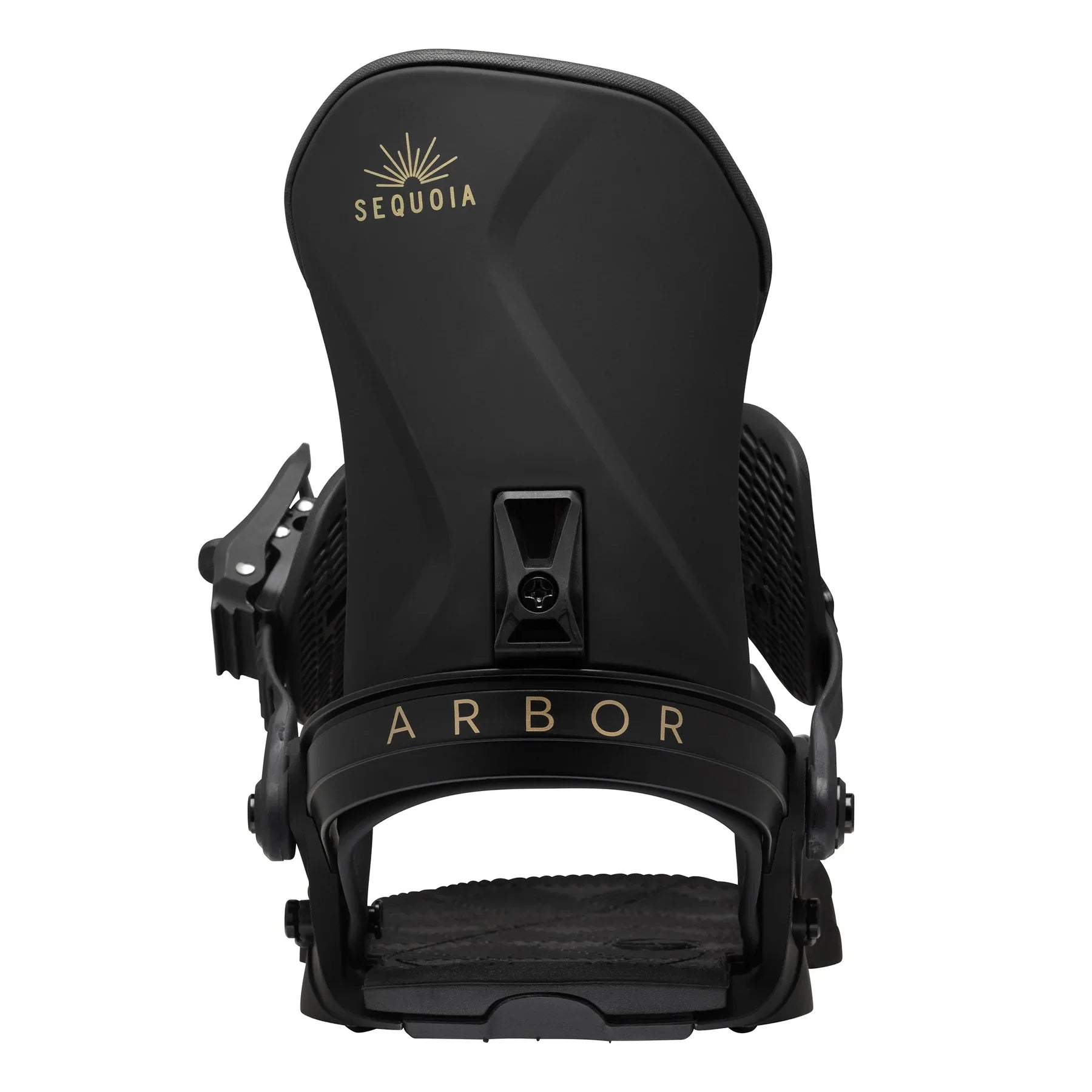 Arbor Women's Sequoia Snowboard Bindings 2023 - Black bindings with gold lettering on top and side straps.