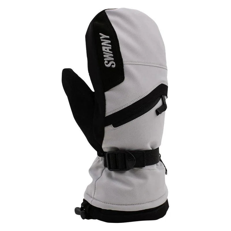 Swany Women's X-Over Mitt 2025 - A black and white mitt with a strap across the wrist, featuring a Swany logo on the back of the hand.