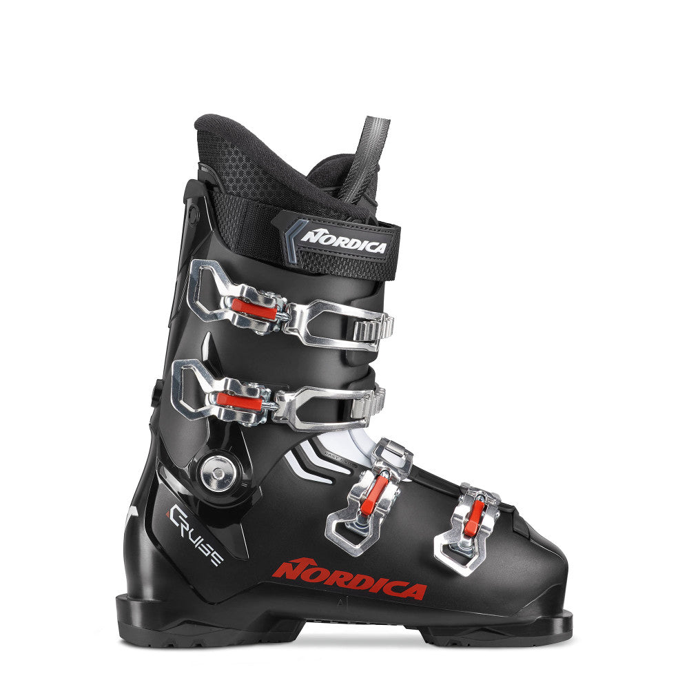 Nordica The Cruise Ski Boot 2025 - Black ski boot with silver buckles and red accents.