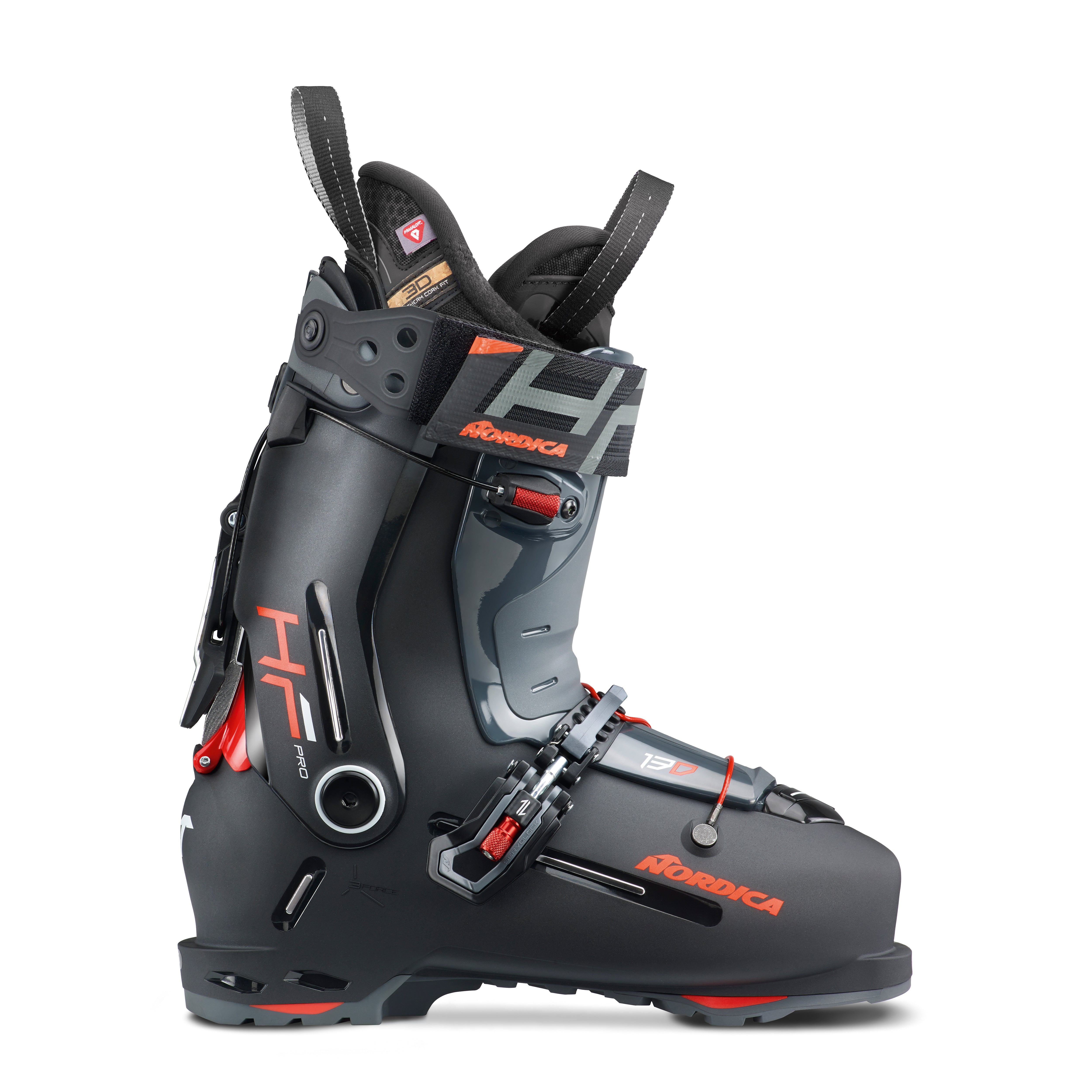 Nordica HF Pro 130 Ski Boots 2025 - Black ski boots with red accents and a silver buckle.