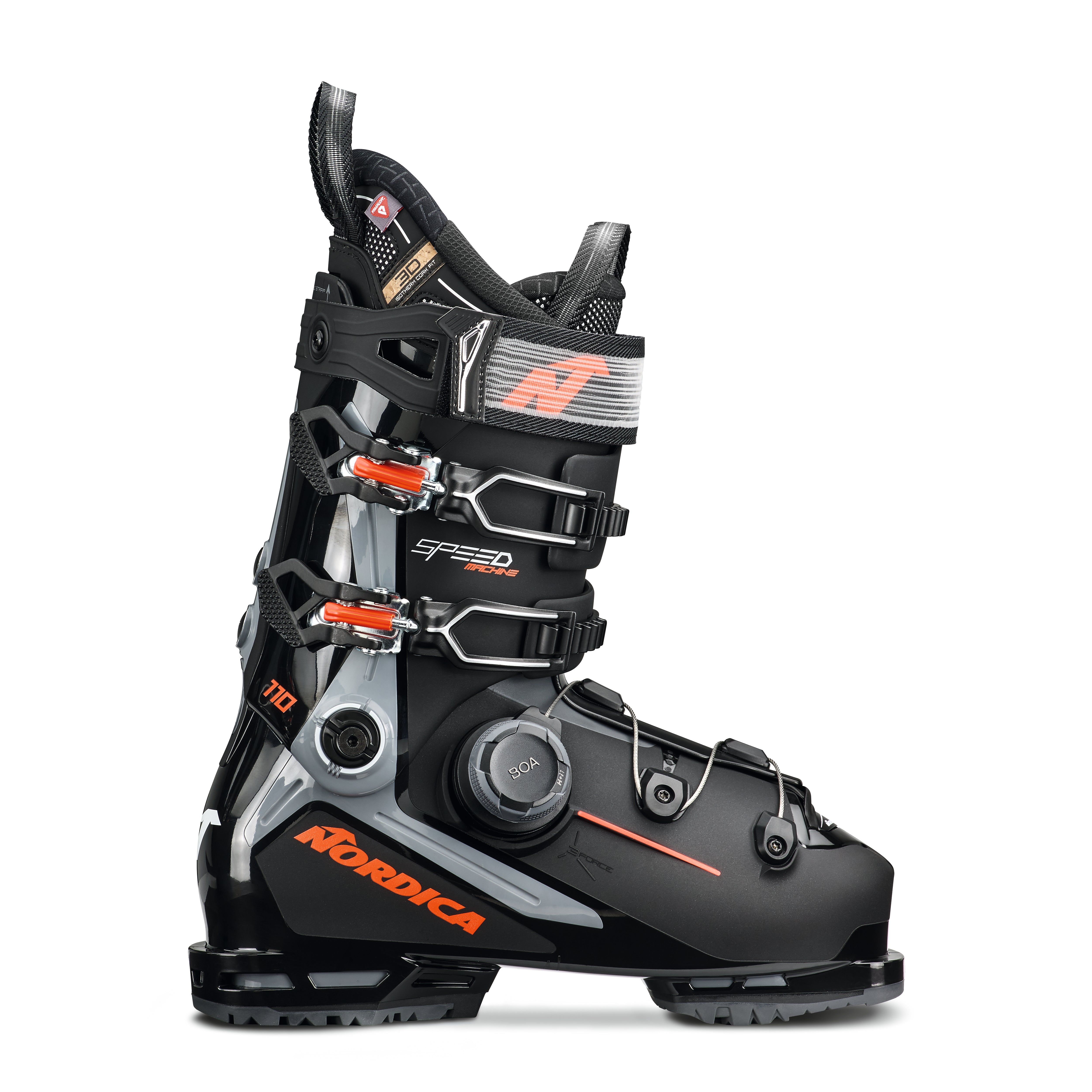 Nordica Speedmachine 3 BOA Ski Boots - Black ski boots with silver buckles and orange accents.