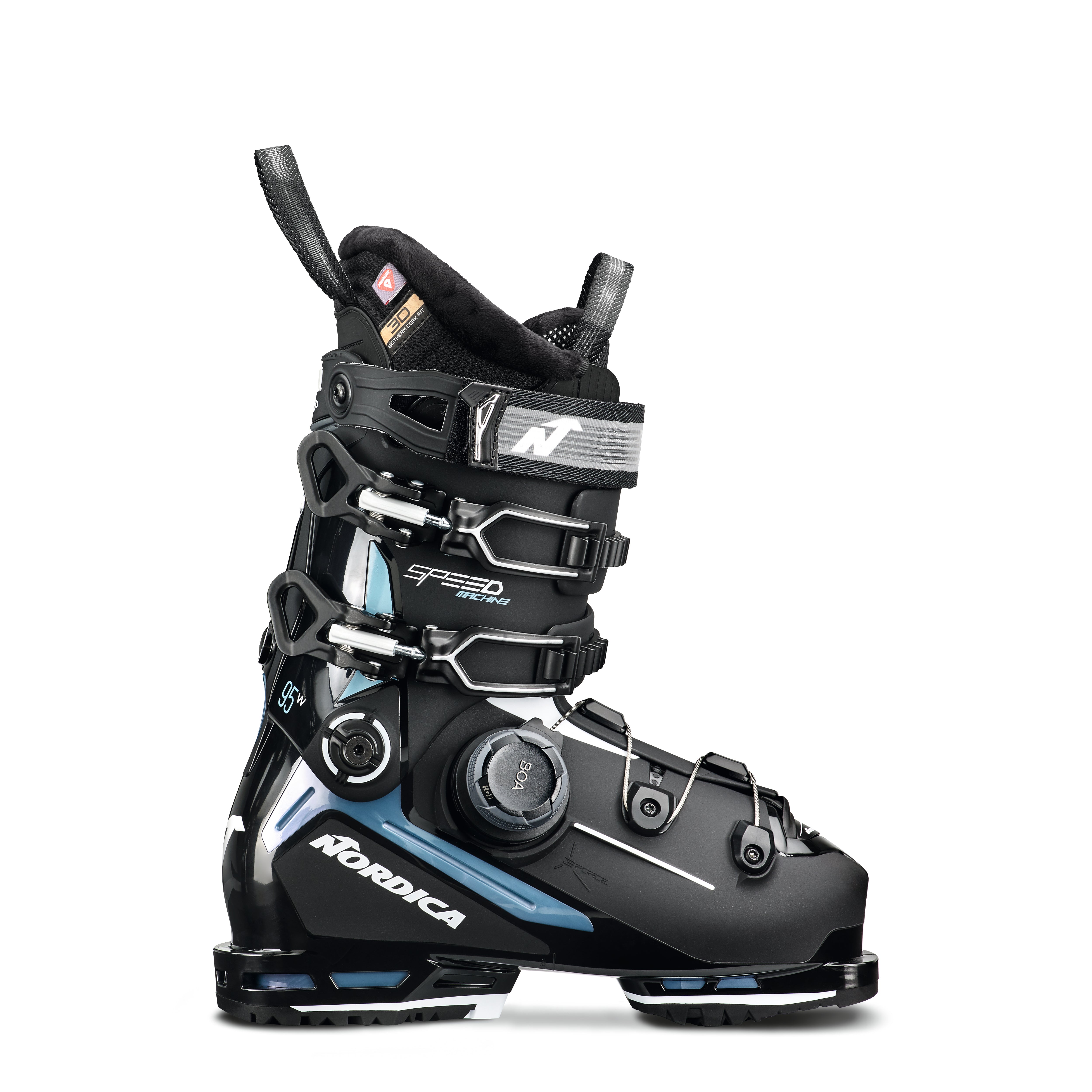 Nordica Women's Speedmachine 3 BOA 95 Ski Boots 2025 - Black ski boots with a sleek, modern design and silver accents on the buckles.
