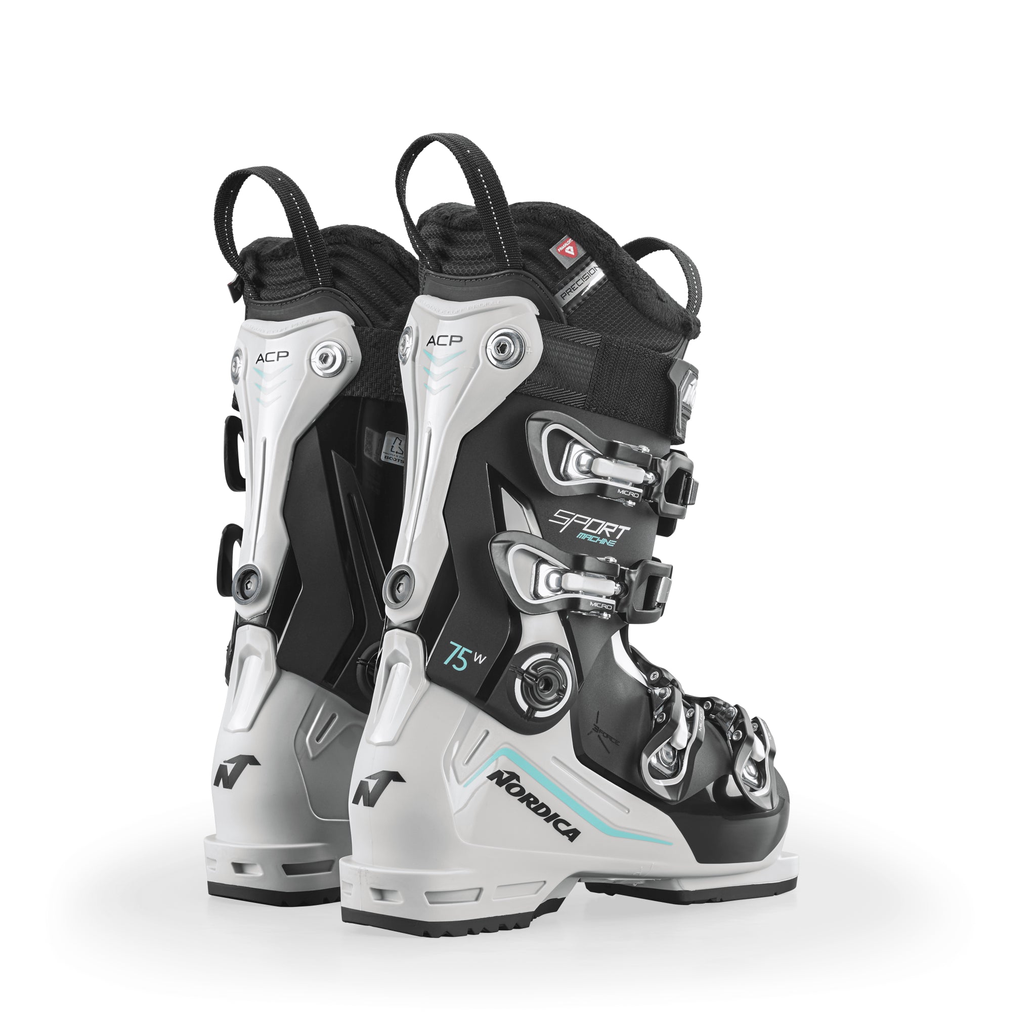 Nordica Women's Sportmachine 3 75 Ski Boots - Black ski boots with silver buckles and straps, featuring a white logo on the side.