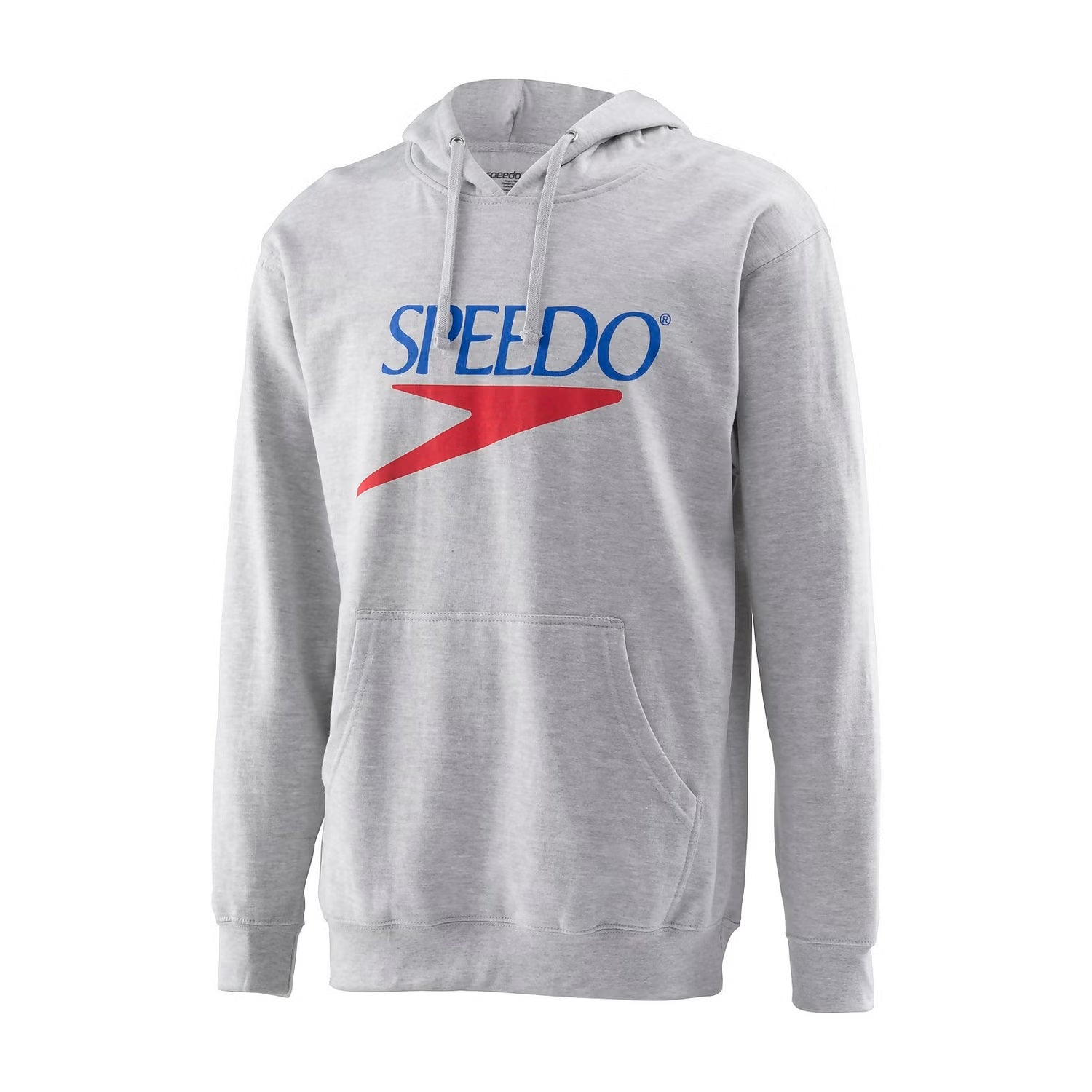 Speedo Vintage Logo Hoodie - A light gray hoodie with a large, blue "SPEEDO" logo across the chest and a red vintage-style lightning bolt logo underneath.