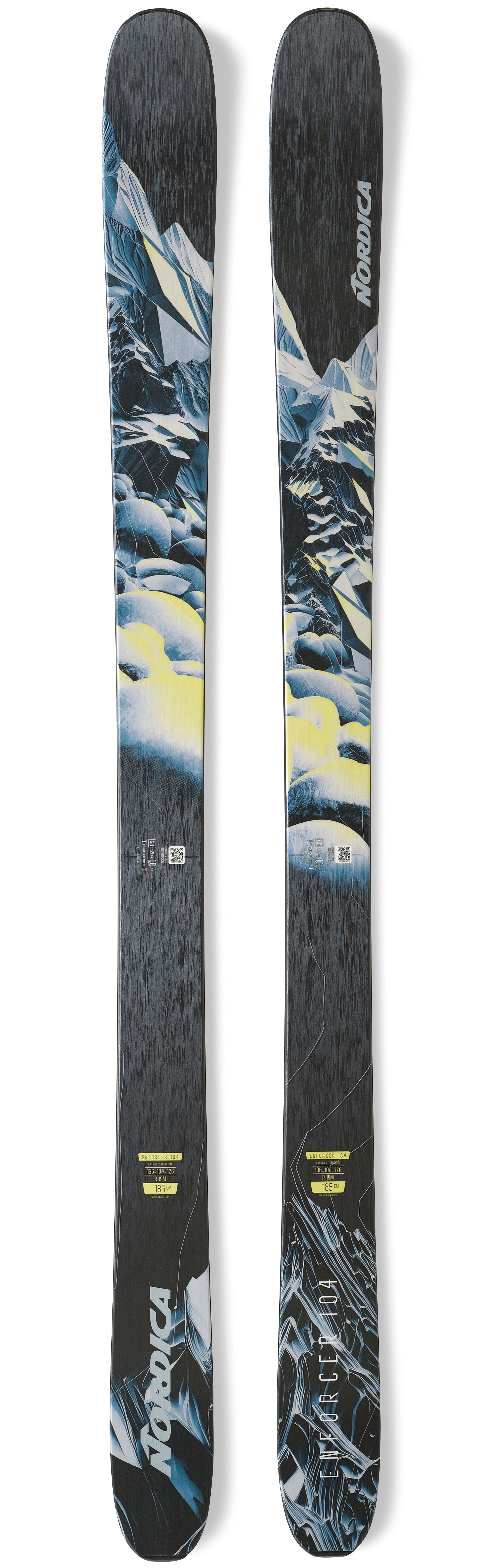 Nordica Enforcer 104 Skis - 2025 model skis with a sleek black and silver design, featuring a subtle pattern of diagonal lines on the top surface.