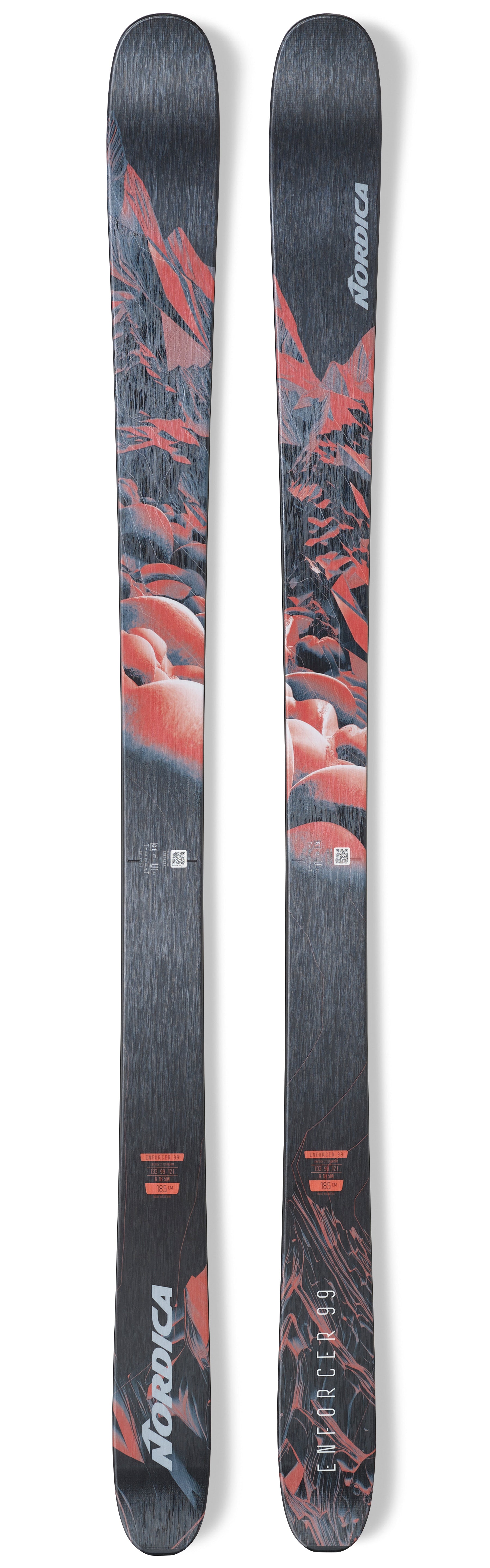 Nordica Enforcer 99 Skis 2025 - A pair of black skis with red and white lettering, featuring a mountain graphic on the top sheet.