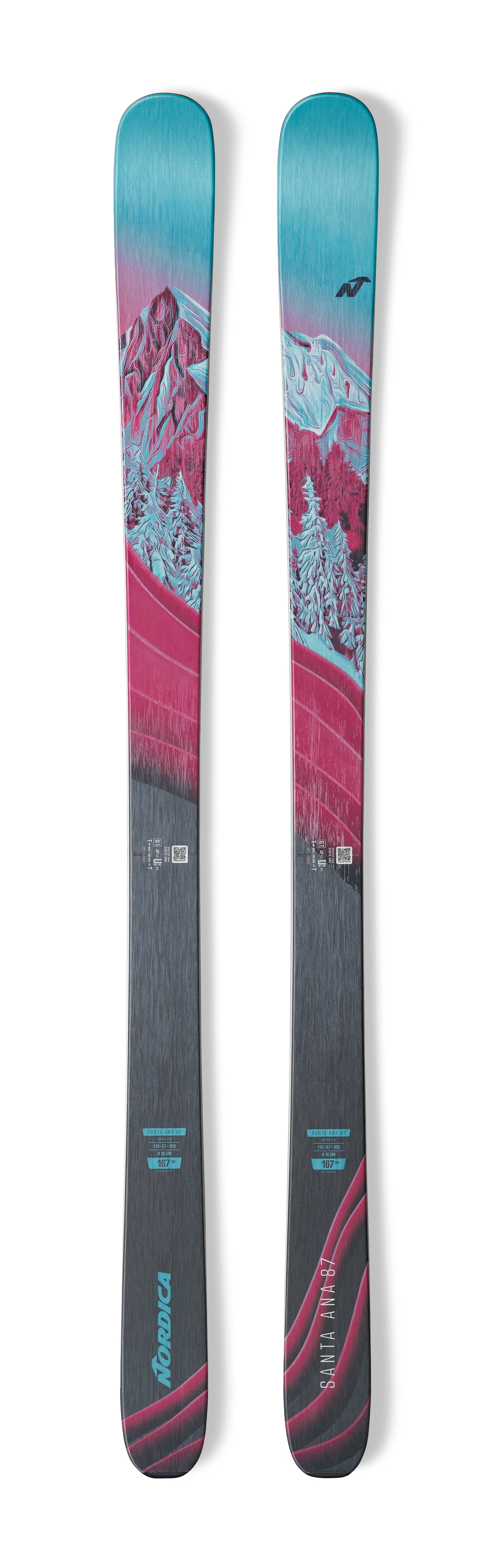 Nordica Women's Santa Ana 87 Skis 2025 - A pair of skis with a pink and blue graphic design featuring trees, mountains, and snow.