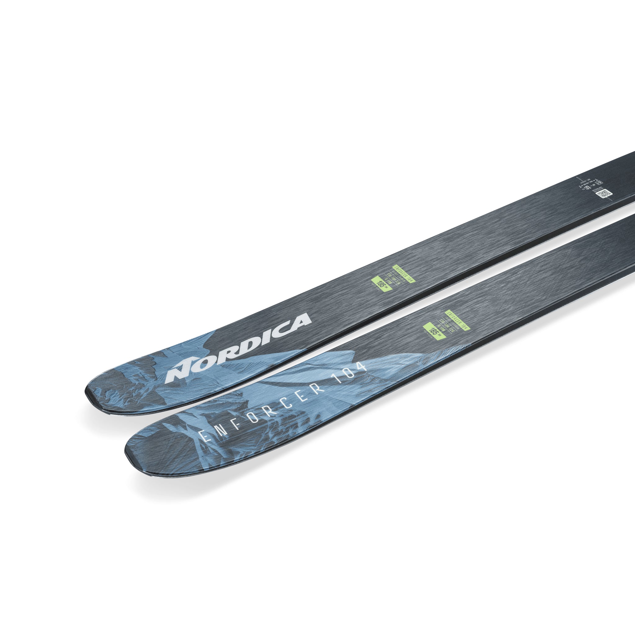 Nordica Enforcer 104 Skis 2026 - A pair of skis with a dark gray color and white lettering, featuring the brand name "NORDICA" on one ski and "ENFORCER 104" on the other.