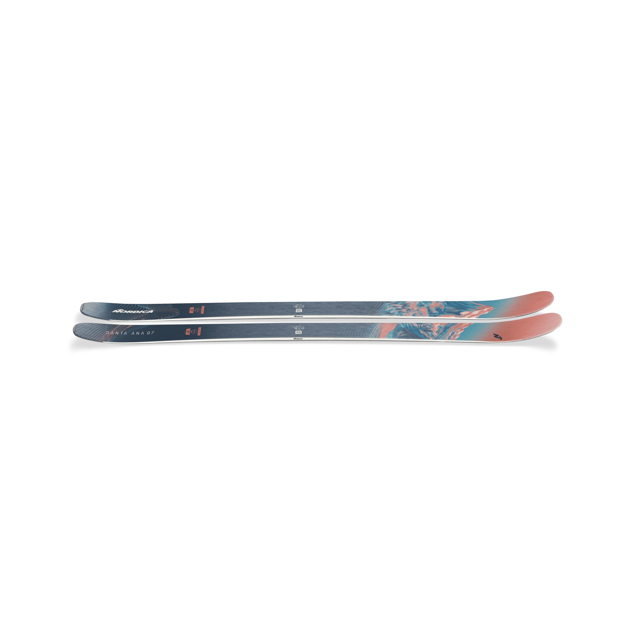 Nordica Women's Santa Ana 97 Skis 2026 - A pair of skis with a dark blue base and pink accents on the tips, featuring a distinctive pattern along their length.