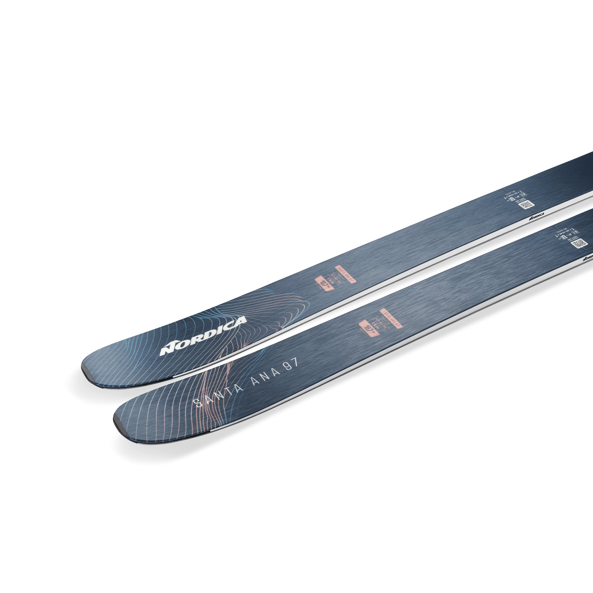Nordica Women's Santa Ana 97 Skis - A pair of skis with a dark blue base color and white lettering that reads "Santa Ana 97".
