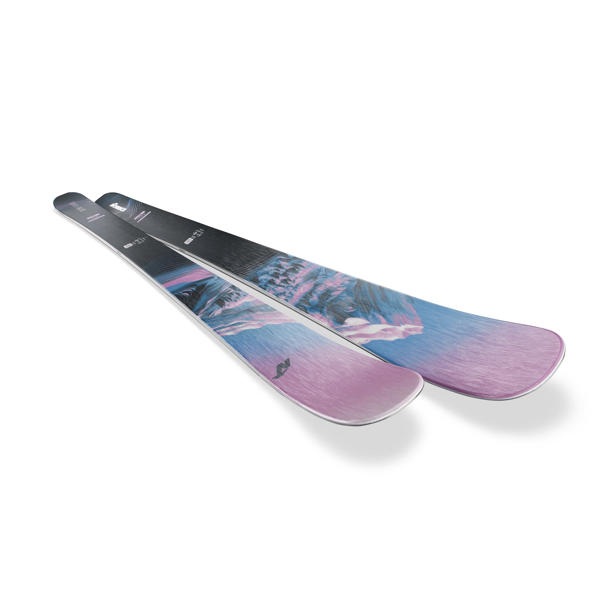 Nordica Women's Santa Ana 92 Skis 2026 - A pair of skis with a black top and blue, pink, and white graphics on the bottom.