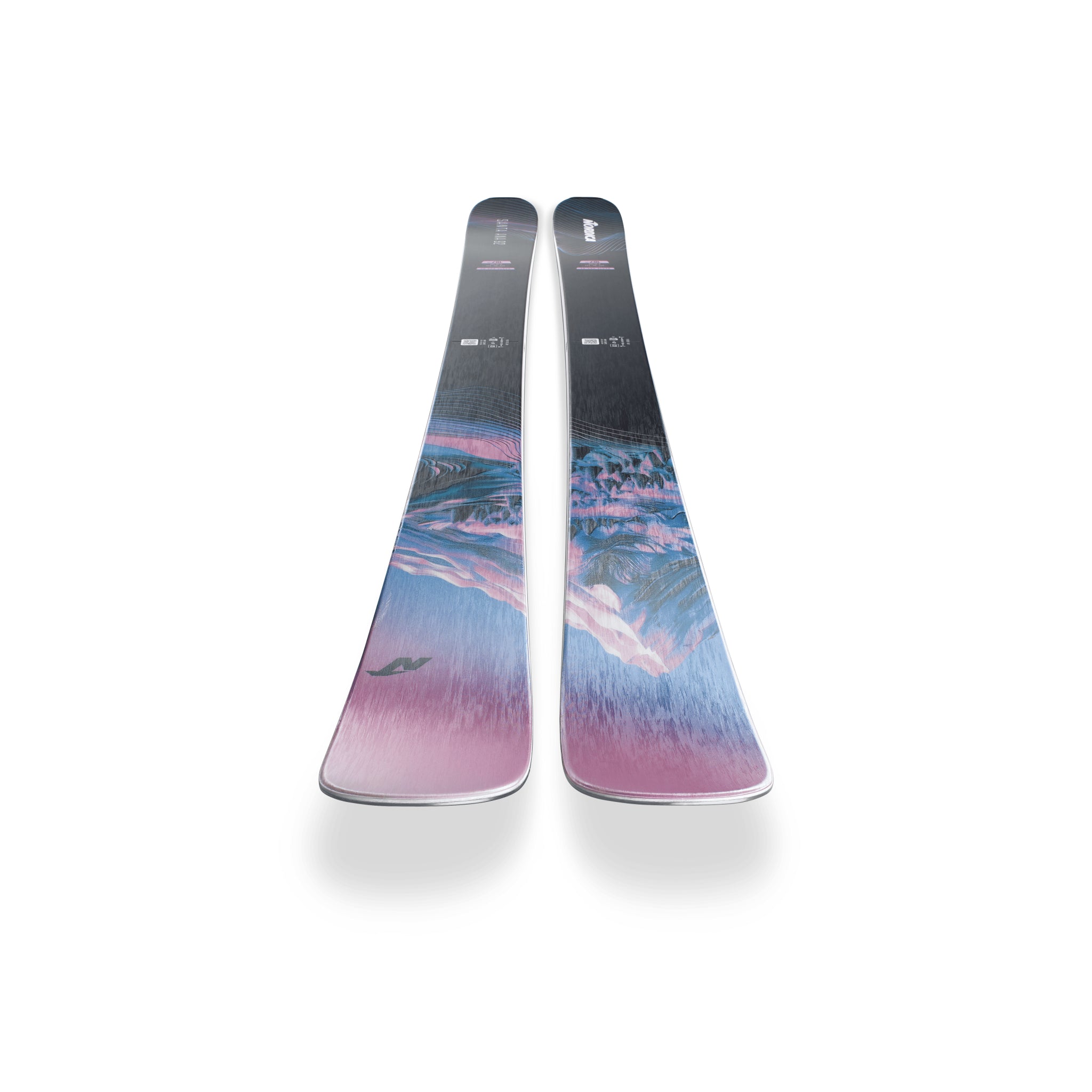 Nordica Women's Santa Ana 92 Skis 2026 - A pair of skis with a black top and white lettering, featuring a mountain range design in shades of blue and pink.