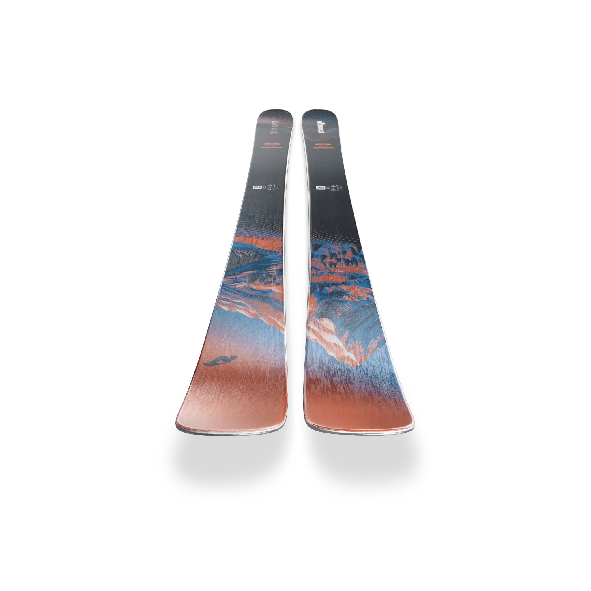 Nordica Women's Santa Ana 87 Skis 2026 - A pair of skis with a black top and white lettering, featuring a mountain range design in shades of blue and orange.