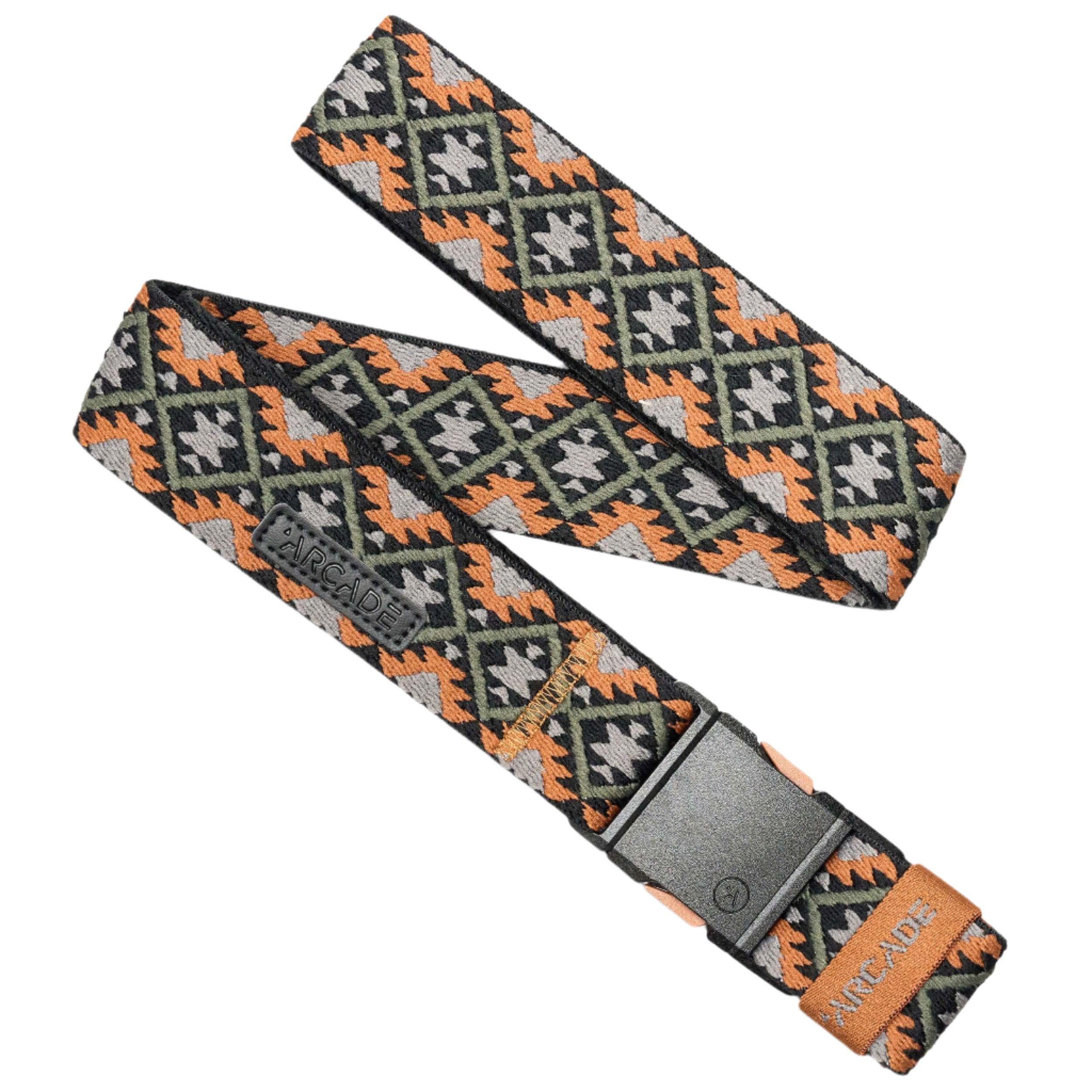 Arcade Twilight Belt Slim 2025 - A black belt with a repeating pattern of orange and gray triangles, featuring an orange buckle.