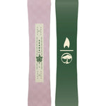 Arbor Women's Cadence Snowboard 2026 - A light-colored snowboard with a distinctive logo featuring a stylized "A" and a leaf design on its top surface.