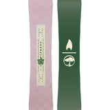 Arbor Women's Cadence Snowboard 2026 - A light-colored snowboard with a distinctive logo featuring a stylized "A" and a leaf design on its top surface.
