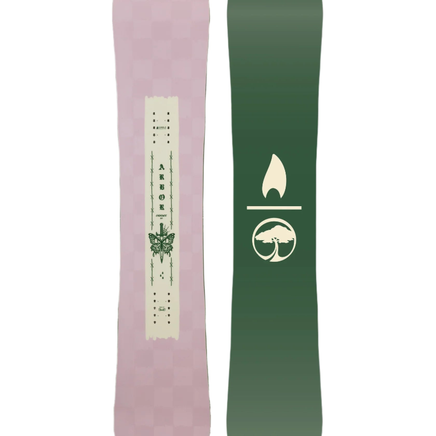 Arbor Women's Cadence Snowboard 2026 - A light-colored snowboard with a distinctive logo featuring a stylized "A" and a leaf design on its top surface.