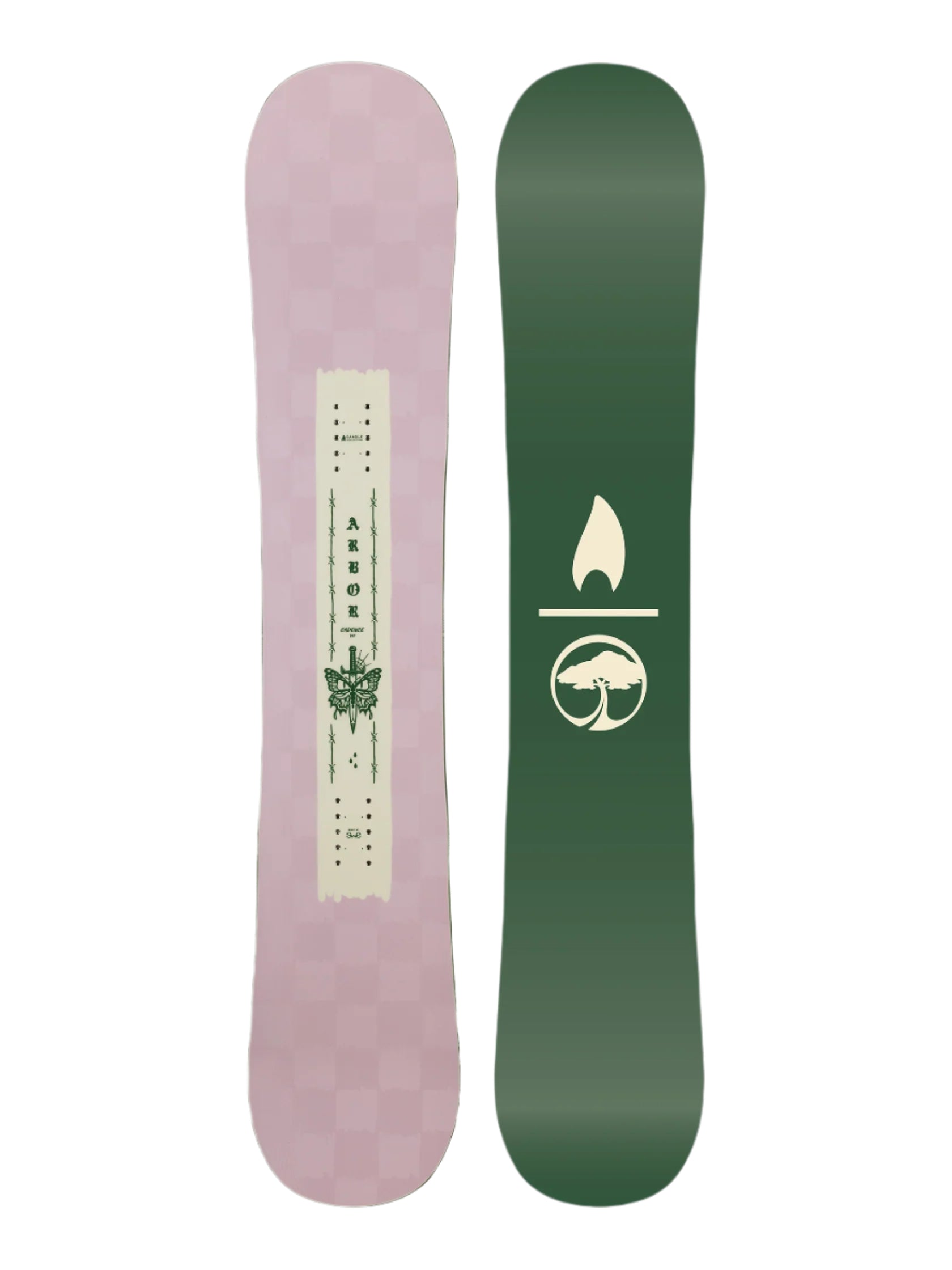 Arbor Women's Cadence Snowboard 2026 - A light-colored snowboard with a distinctive logo featuring a stylized "A" and a leaf design on its top surface.