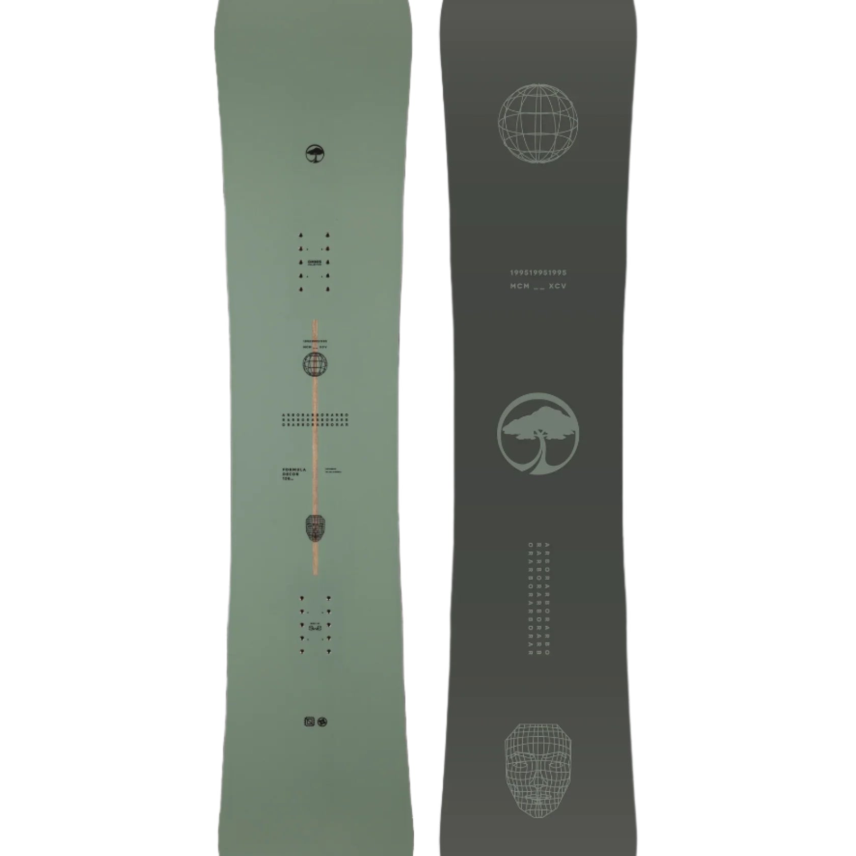 Arbor Formula Decon 2026 - A light green snowboard with a geometric pattern and black accents on top of a white background.