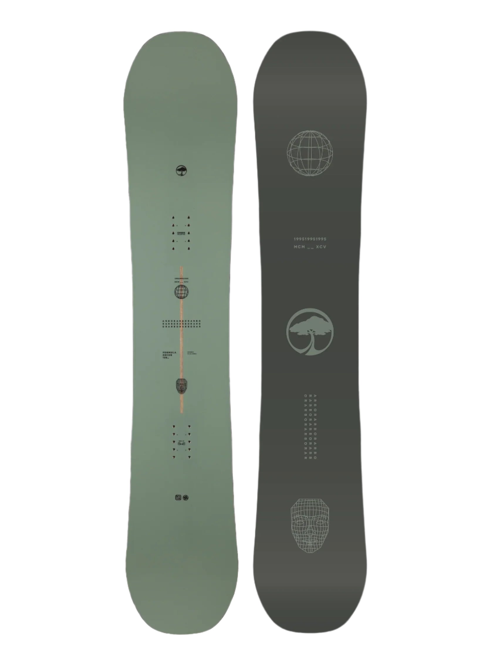 Arbor Formula Decon 2026 - A light green snowboard with a geometric pattern and black accents on top of a white background.