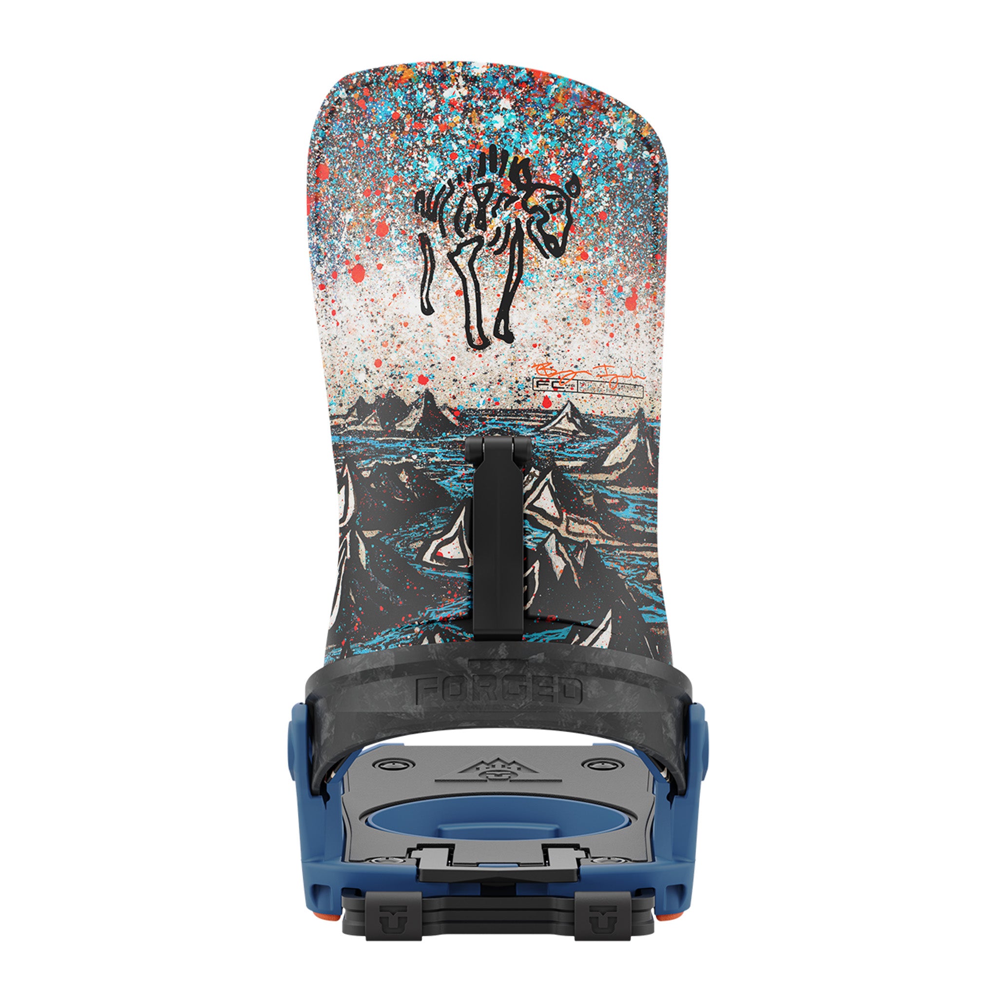 Union x Bryan Iguchi - Charger Pro Snowboard Binding 2025 - A snowboard binding with a black strap and silver metal buckles, featuring a mountain graphic on its baseplate.