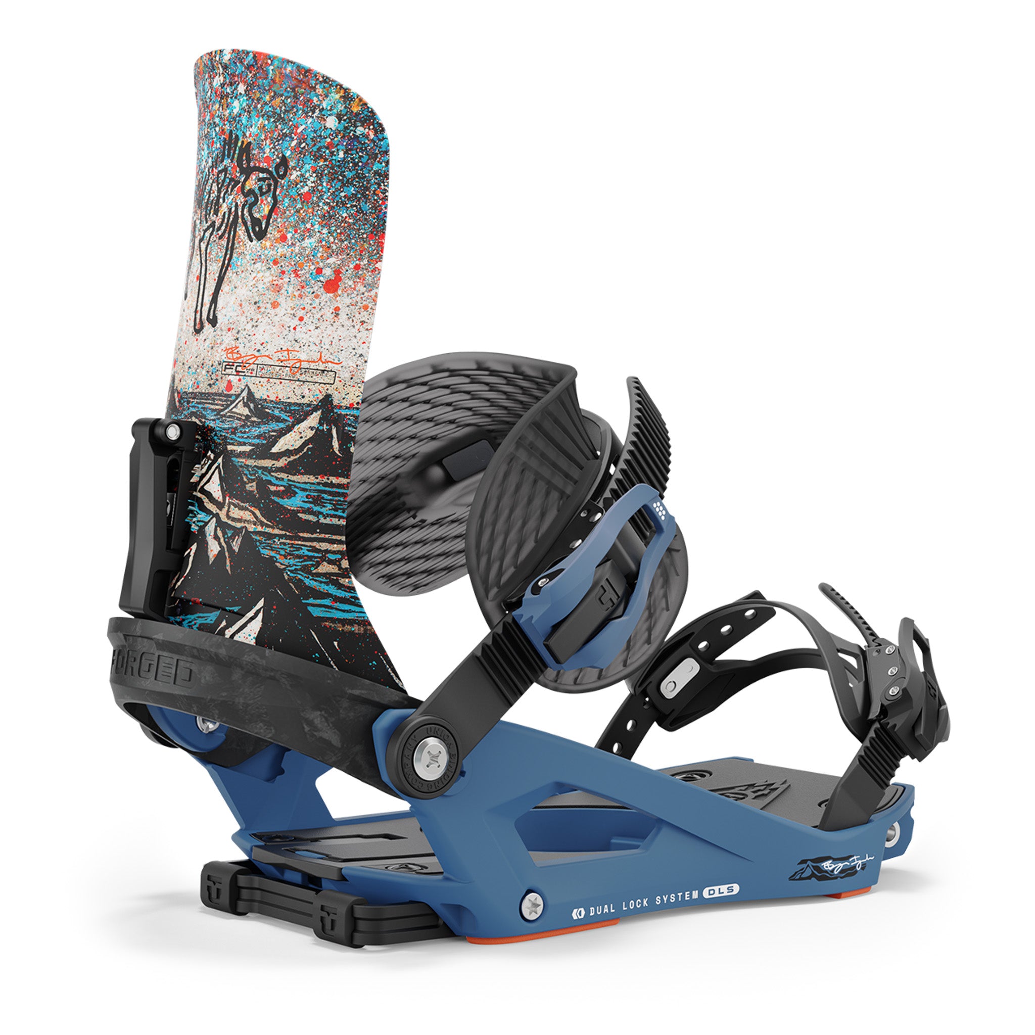 Union x Bryan Iguchi - Charger Pro Snowboard Binding 2025 - A black and gray snowboard binding with a blue logo on top of the strap, featuring a mountain graphic in shades of brown and white.